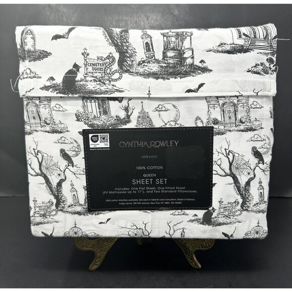CYNTHIA ROWLEY QUEEN SHEET SET Halloween Toile Haunted House Cemetery Bats NEW - Picture 2 of 7